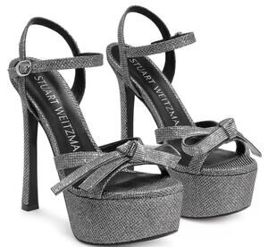 Stuart Weitzman Bow Platform Rhinestone Heels NIB Gunmetal 7.5 8.5